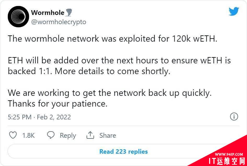 Wormhole加密货币平台被窃3260美元